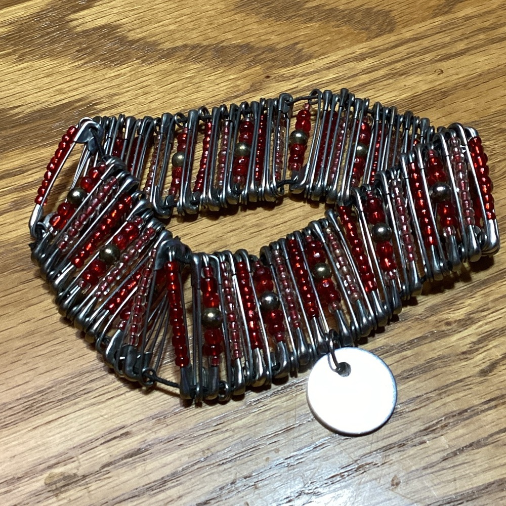 Boho Retro Handmade Safety Pin Red & Silver Beaded Bracelet